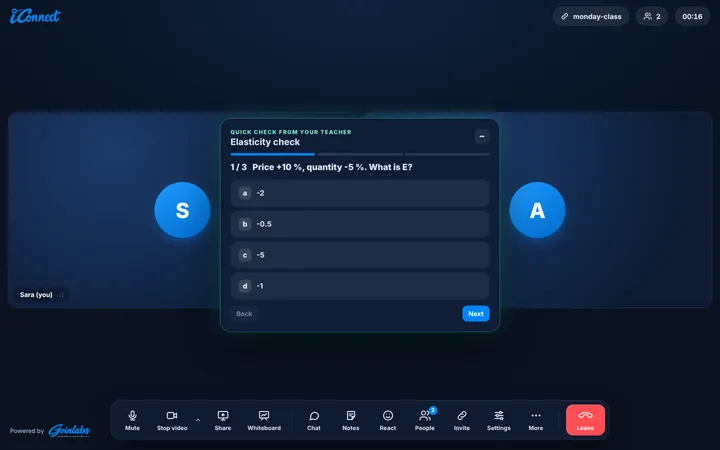 Le quiz sur l’écran de l’étudiant