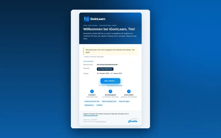 E-mail de convite com login