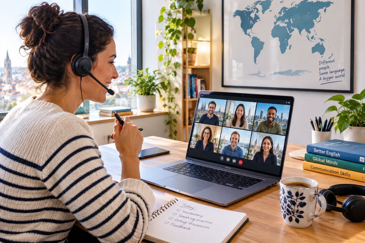 Team in a live online English lesson