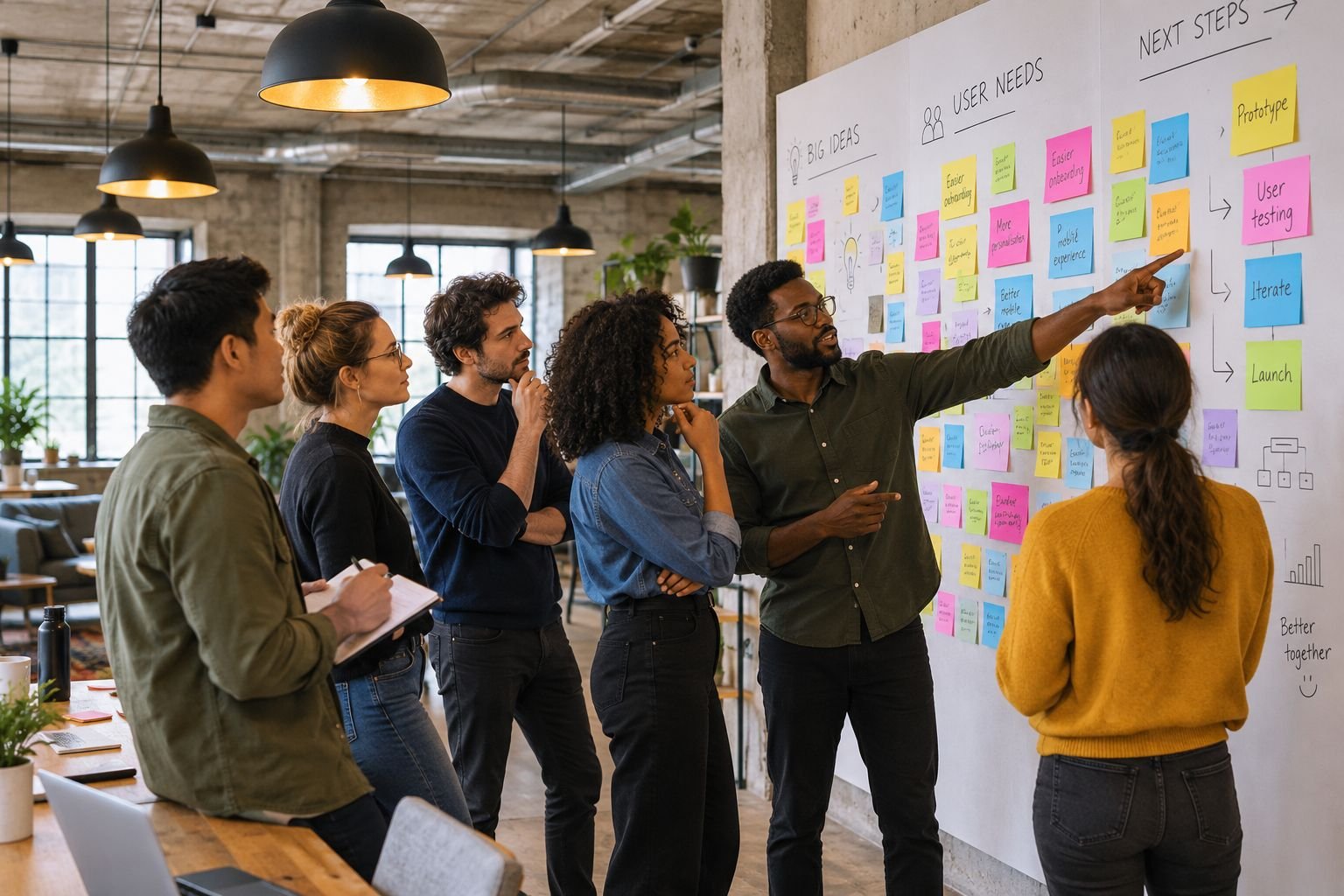 Workshop with sticky notes on a whiteboard